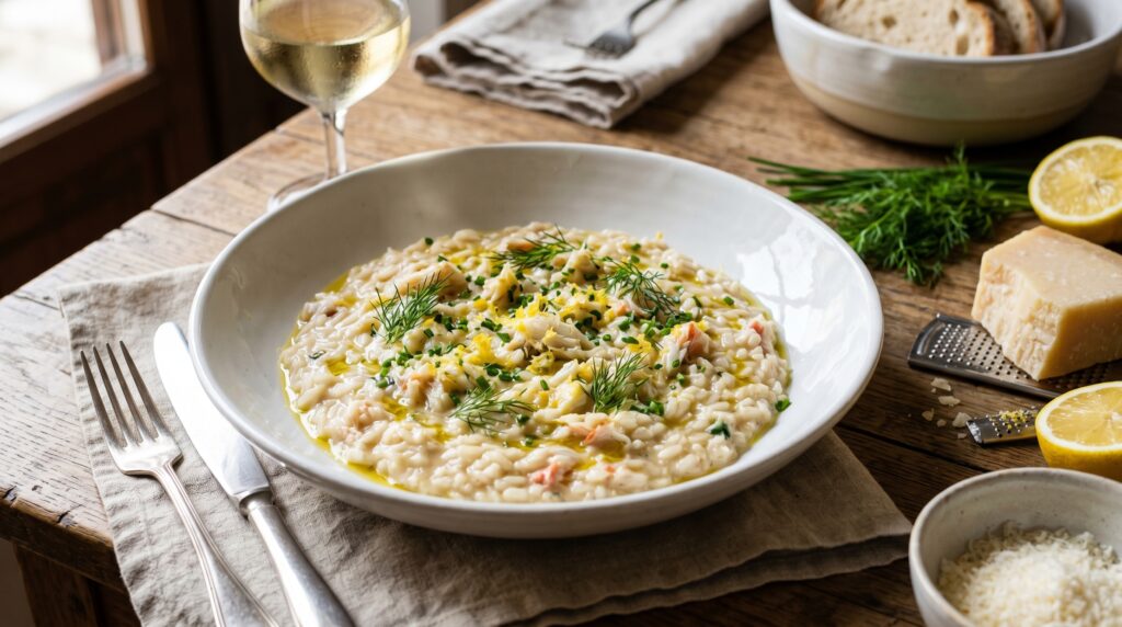 A magnificent crab risotto in a wide white bowl