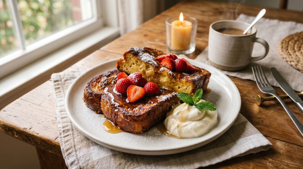 Golden, beautifully caramelized French toast on a white plate