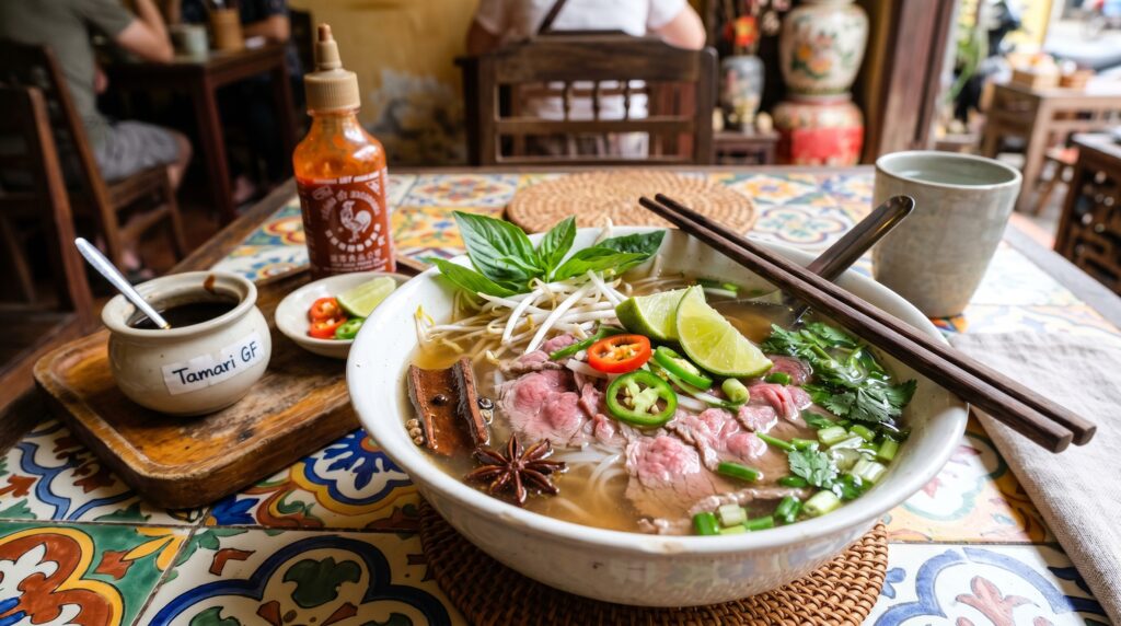 A magnificent pho-inspired gluten-free beef noodle soup in a large white bowl